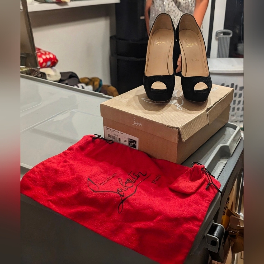 Christian Louboutin Black Suede Adrienne Peep Toe Heels - Picture 8 of 8